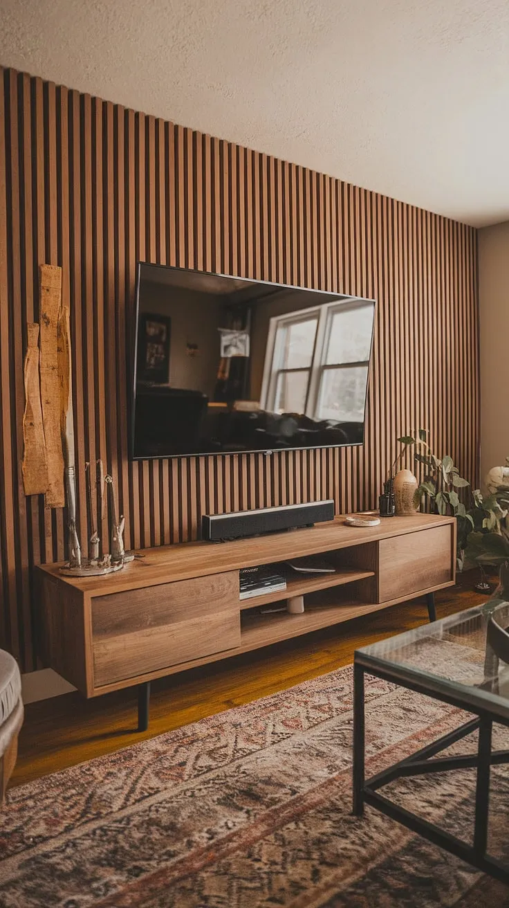 This accent wall behind tv is a showstopper! The diy wood slat accent wall, crafted from acoustic slat wood wall panels, adds texture and warmth to the living room. These accent wall panels create a focal point, showcasing a unique accent wall ideas living room approach. The earthy tones and careful placement make this a truly inspiring diy wood slat accent wall, even functioning as a stylish accent hallway wall if you had one.