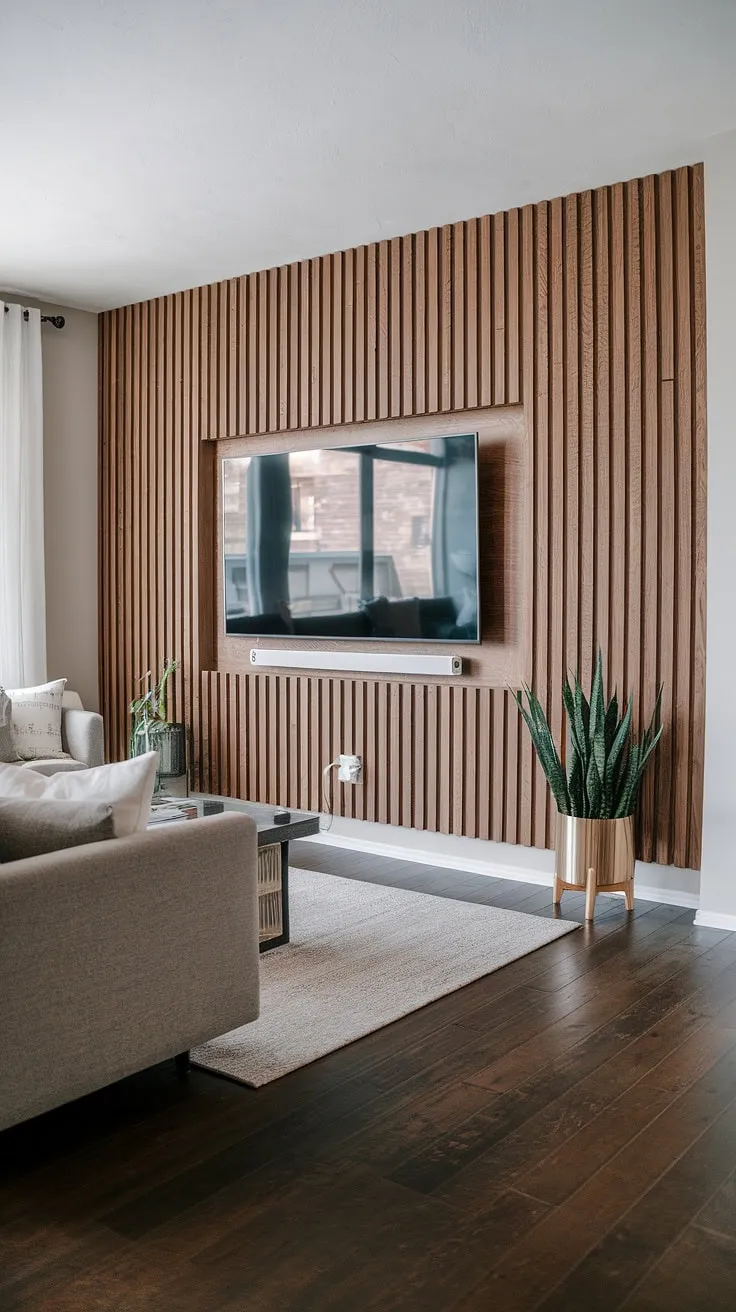 This accent hallway wall (though technically in a living room!) featuring acoustic slat wood wall panels adds instant warmth and style. The accent wall panels are a simple yet effective way to elevate your space, creating a beautiful accent wall behind tv.