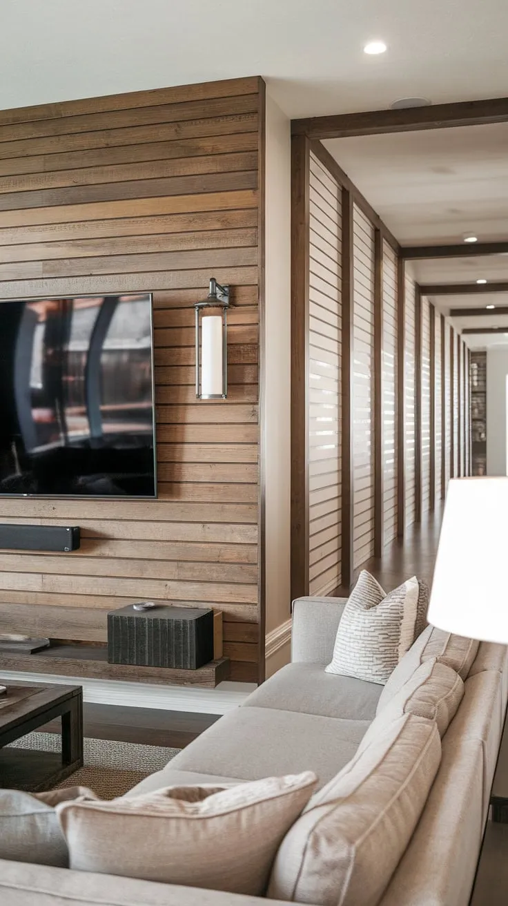 An accent hallway wall made with accent wall panels creates a warm, rustic vibe. This diy wood slat accent wall, featuring acoustic slat wood wall panels behind the TV, is the perfect blend of modern and cozy, offering inspiring accent wall ideas living room.