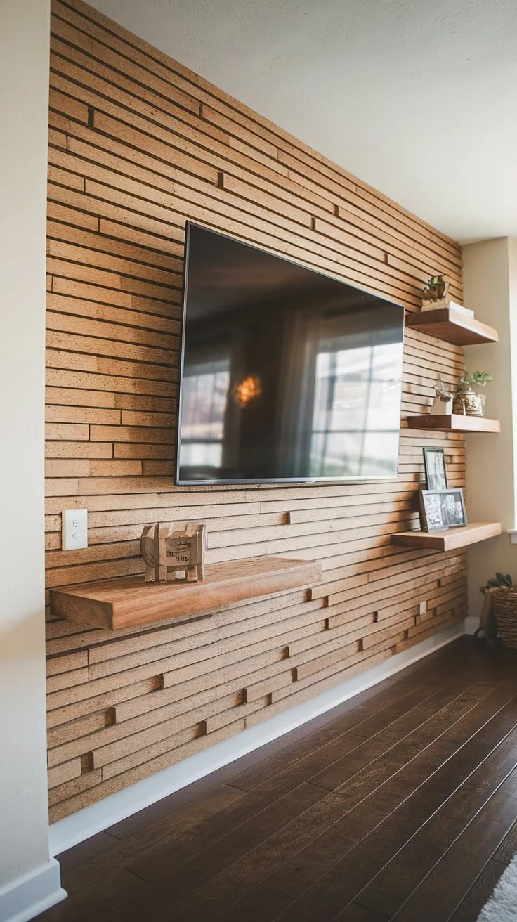 The warm, inviting atmosphere of this living room is enhanced by the striking DIY wood slat accent wall. The carefully crafted acoustic slat wood wall panels, with their wavy texture, create a captivating accent wall behind tv. This project demonstrates clever accent wall ideas living room, using accent wall panels to achieve both style and functionality. The dark hardwood flooring provides a sophisticated contrast to the wood slat feature, making this accent hallway wall a showstopper.