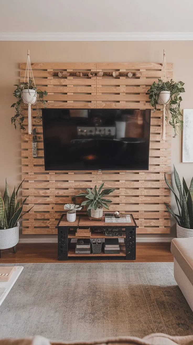 This living room boasts a stunning DIY wood slat accent wall behind the TV, showcasing a creative use of acoustic slat wood wall panels. The warm beige paint complements the natural wood tones, and the strategically placed plants add a touch of life to this accent wall ideas living room design. The carefully chosen decorative objects nestled between the accent wall panels elevate the overall aesthetic. While technically an accent wall behind tv, it's a feature that extends the visual interest beyond the typical accent hallway wall.