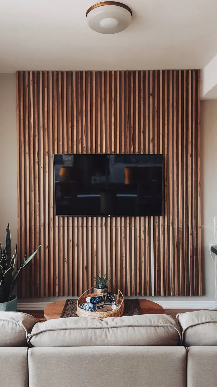 Warm light bathes this living room, highlighting the stunning DIY wood slat accent wall behind the TV. The acoustic slat wood wall panels create a beautiful focal point, offering both style and potential sound absorption. This accent wall ideas living room project transformed a simple space into a cozy haven, proving that even an accent hallway wall can make a big impact with the right accent wall panels.