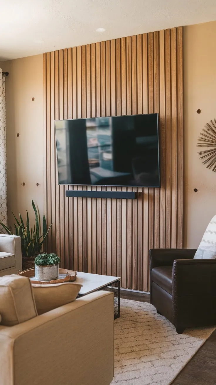 Warm beige acoustic slat wood wall panels create a stunning accent wall behind the TV, offering a DIY wood slat accent wall solution perfect for accent wall ideas living room. The horizontal slats add texture and warmth to this space, complementing the beige sofa and brown armchair. A few telltale nail holes hint at the room's lived-in charm, while the plant adds a touch of life. This accent hallway wall (though technically in the living room) is a testament to simple yet effective design.