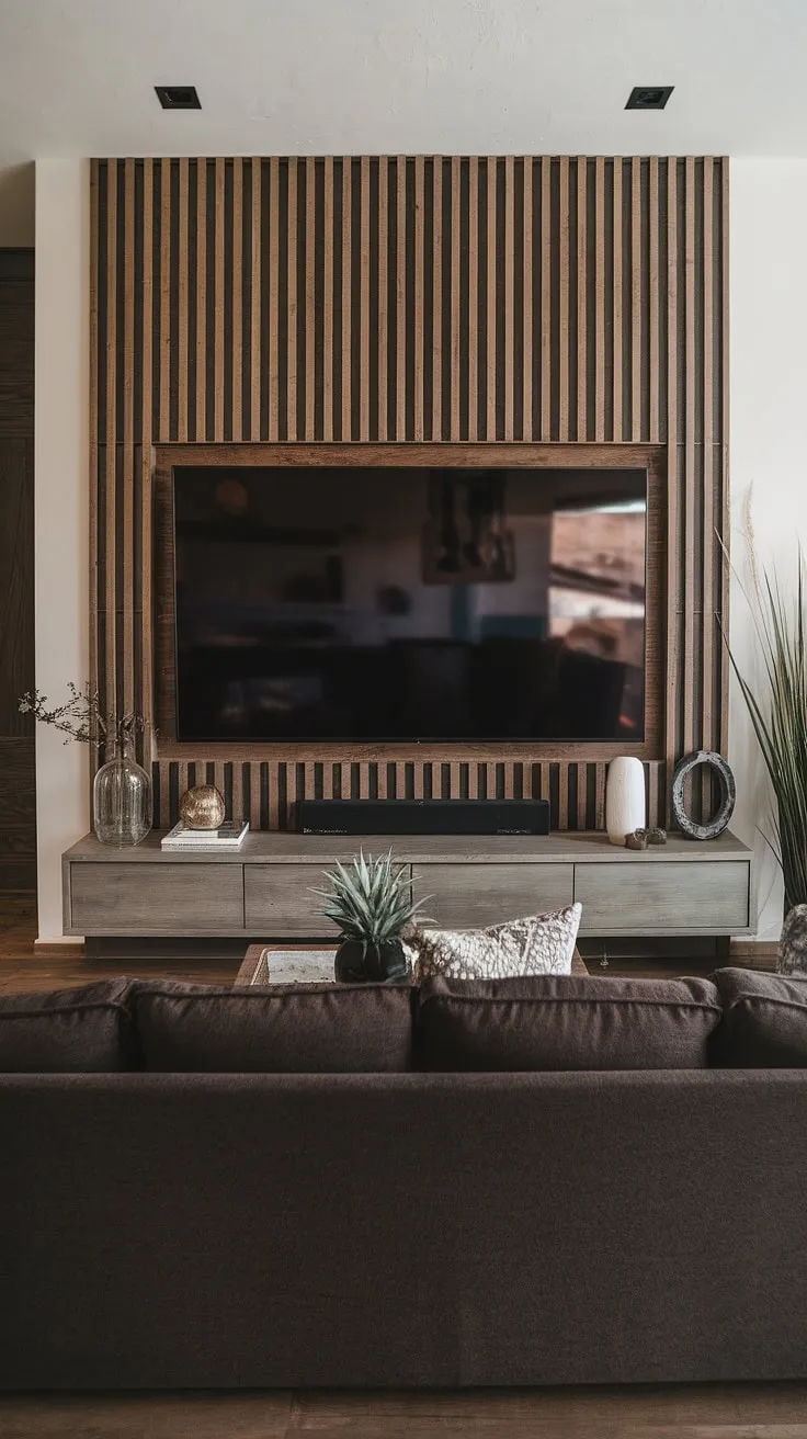 This stunning accent wall behind tv is the perfect blend of form and function.  The acoustic slat wood wall panels not only create a beautiful accent wall ideas living room but also improve the room's acoustics.  This DIY wood slat accent wall project, featuring a unique mix of horizontal and vertical accent wall panels, is a testament to the power of simple design. The result? A sophisticated and calming space.