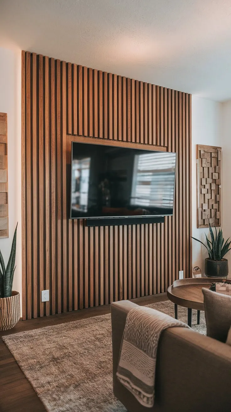 This DIY wood slat accent wall transforms the living room, creating a stunning focal point behind the TV.  The warm, natural hue of the acoustic slat wood wall panels adds texture and a modern aesthetic, showcasing a unique approach to accent wall ideas living room. The result is a cozy and sophisticated space, proving that even an accent hallway wall can make a big impact.