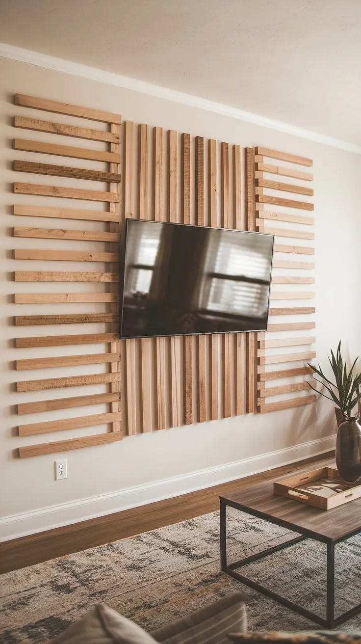 Elevated style on a dime!  This accent hallway wall (yes, it works in other rooms too!) features a striking diy wood slat accent wall. The simple yet sophisticated design, achieved with MDF accent wall panels, makes a statement without overwhelming the space.  Perfect accent wall ideas living room, especially when you want to highlight your TV.
