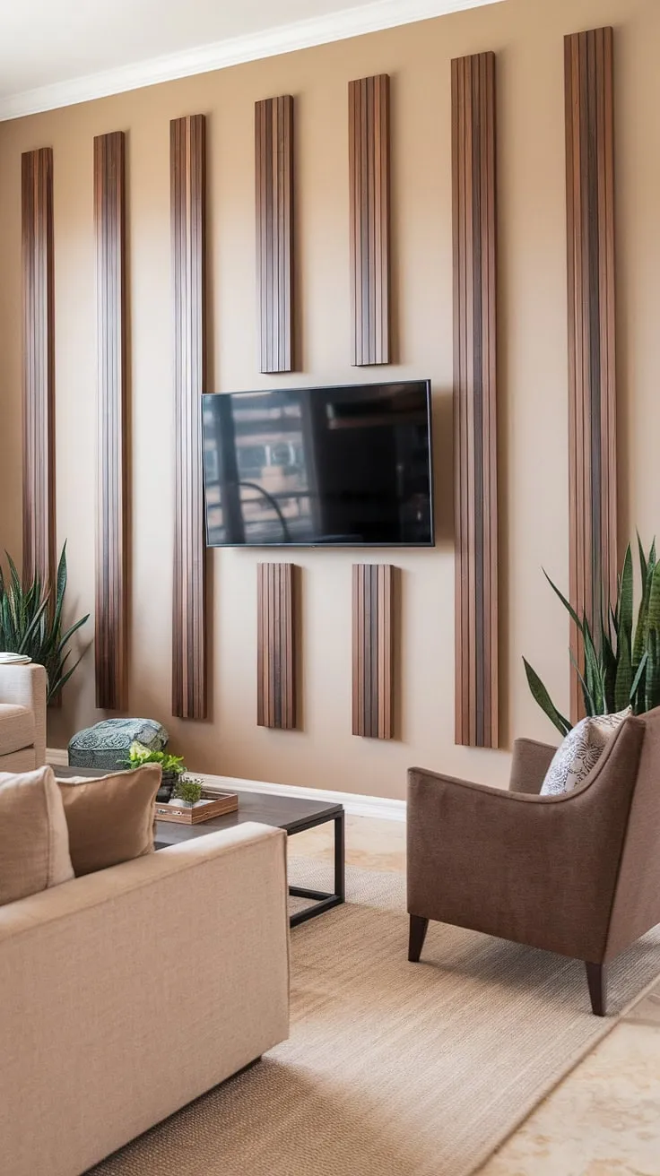 This stunning accent wall behind the TV is the perfect example of how accent wall ideas living room can elevate your space.  The DIY wood slat accent wall, crafted from acoustic slat wood wall panels, adds texture and depth without overwhelming the neutral palette.  This accent hallway wall-inspired design (though situated in the living room) showcases the versatility of accent wall panels, creating a cozy and sophisticated atmosphere.