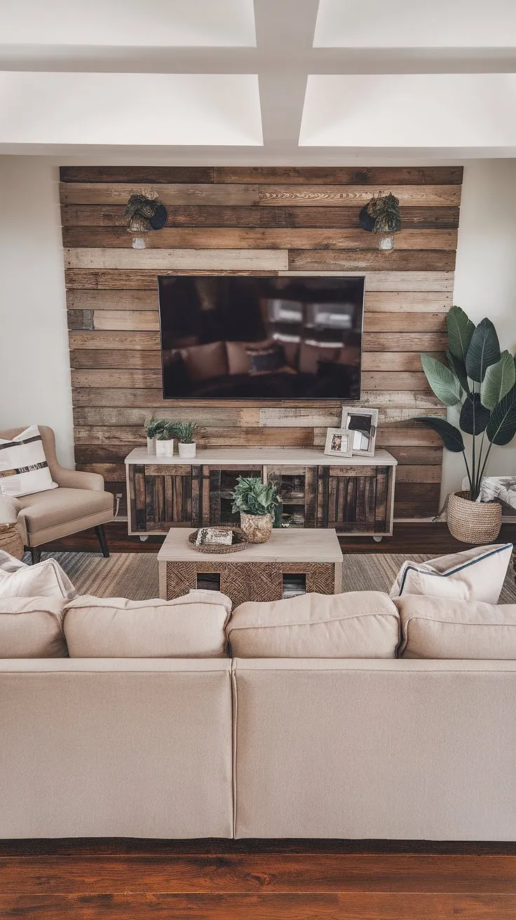 Transforming a simple living room into a rustic haven with this DIY wood slat accent wall.  The acoustic slat wood wall panels not only add warmth and texture but also create a stunning focal point behind the TV, offering a unique take on accent wall ideas living room.  The project extends the wood's charm down the accent hallway wall, creating a cohesive and inviting space.