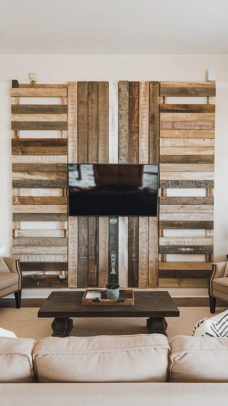 This DIY wood slat accent wall transforms our living room, adding rustic charm and visual interest.  The acoustic slat wood wall panels not only look fantastic as an accent wall behind the TV but also help improve the room's acoustics.  Plenty of accent wall ideas living room are out there, but this one's a favorite.  Even an accent hallway wall could benefit from this simple yet stunning design using accent wall panels.