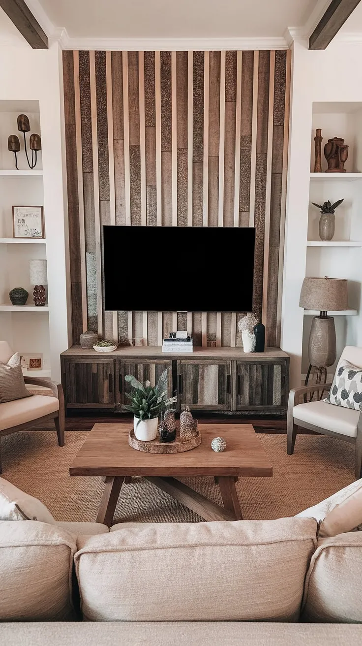 This DIY wood slat accent wall behind the TV completely transforms the living room.  The mix of light and dark acoustic slat wood wall panels adds texture and warmth, creating a stunning focal point.  It's the perfect example of accent wall ideas living room, and even the accent hallway wall could benefit from this design using accent wall panels.