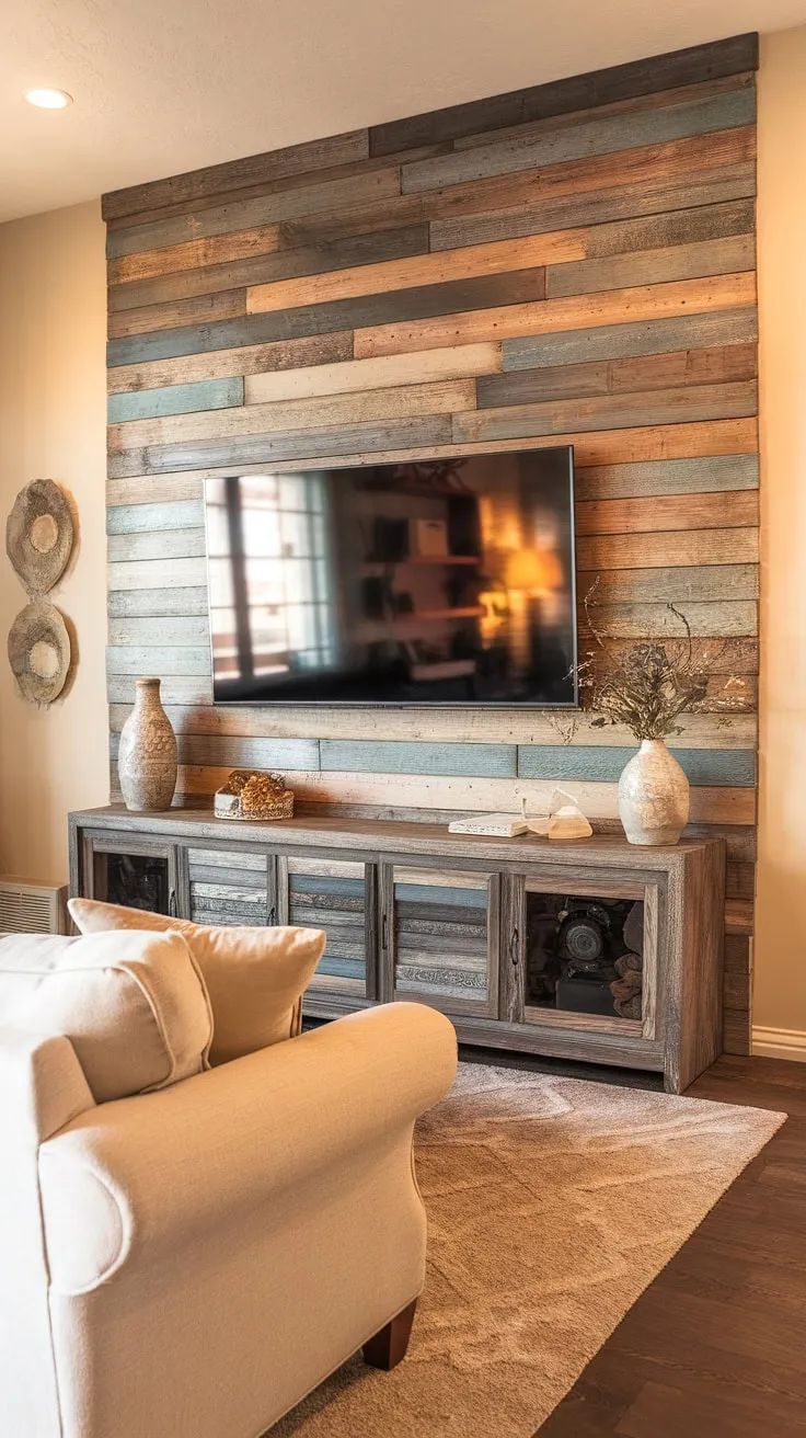 Warmth and texture meet in this living room, thanks to a DIY wood slat accent wall behind the TV.  The acoustic slat wood wall panels create a stunning focal point, offering both style and sound absorption. This accent wall ideas living room project transformed a simple space into a cozy haven, proving that even an accent hallway wall can make a big impact.