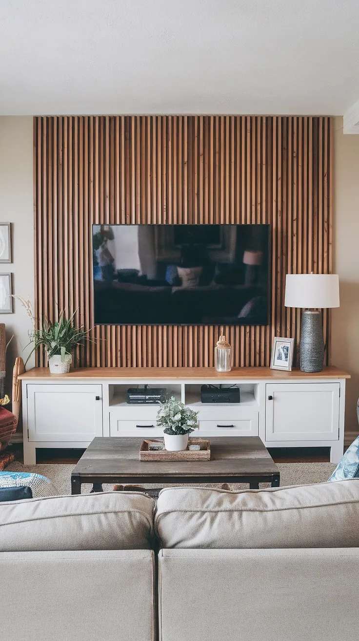 This DIY wood slat accent wall is the perfect blend of style and function.  The acoustic slat wood wall panels create a warm, inviting atmosphere while absorbing unwanted noise.  As an accent wall behind tv, it's a showstopper, and a great example of accent wall panels used effectively.  These accent wall ideas living room are simple to implement and make a huge difference!
