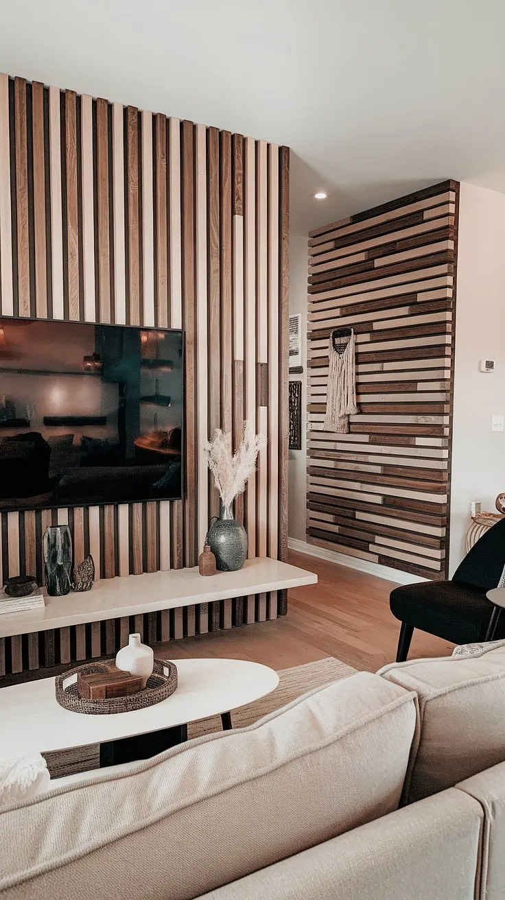 This DIY wood slat accent wall transforms the living room, adding warmth and texture.  The alternating light and dark wood creates a striking focal point behind the TV, while the continuation of the acoustic slat wood wall panels into the hallway subtly expands the space.  A perfect example of accent wall ideas living room, showcasing the impact of simple accent wall panels.