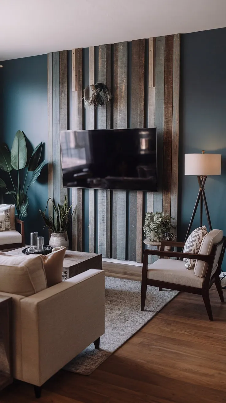 The warmth of the beige sofa and wood floors is beautifully complemented by the cool tones of this striking accent wall behind the TV.  This DIY wood slat accent wall project, featuring acoustic slat wood wall panels, is a masterclass in accent wall ideas living room.  The subtle blue hue and carefully chosen décor elevate the space, proving that even an accent hallway wall can be a statement piece.