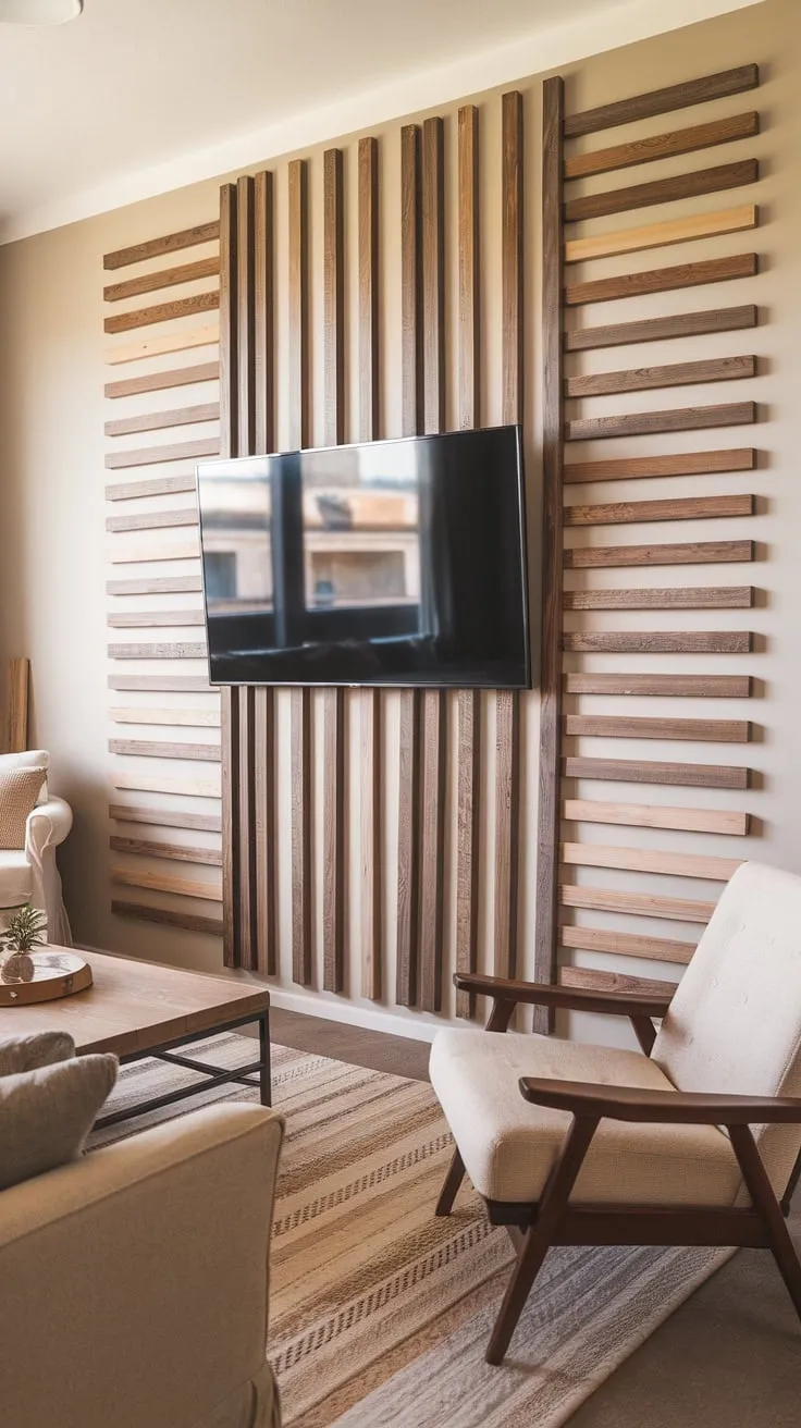 Warmth and sophistication meet in this living room, thanks to the striking DIY wood slat accent wall.  The carefully arranged accent wall panels, acting as acoustic slat wood wall panels, offer both visual appeal and improved acoustics. This accent wall behind tv is a testament to the power of simple DIY, offering endless accent wall ideas living room.