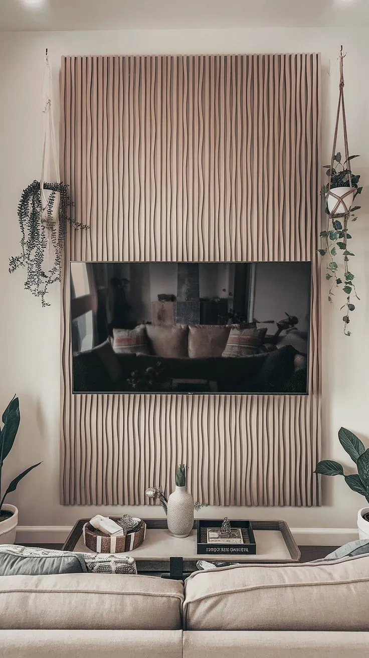 The calming effect of this white acoustic slat wood wall panels is undeniable.  This accent wall behind tv is more than just a pretty face; the diy wood slat accent wall also provides excellent acoustics.  From accent wall ideas living room to a practical solution, this project showcases the versatility of accent wall panels.  The subtle wave pattern adds texture without overwhelming the space.