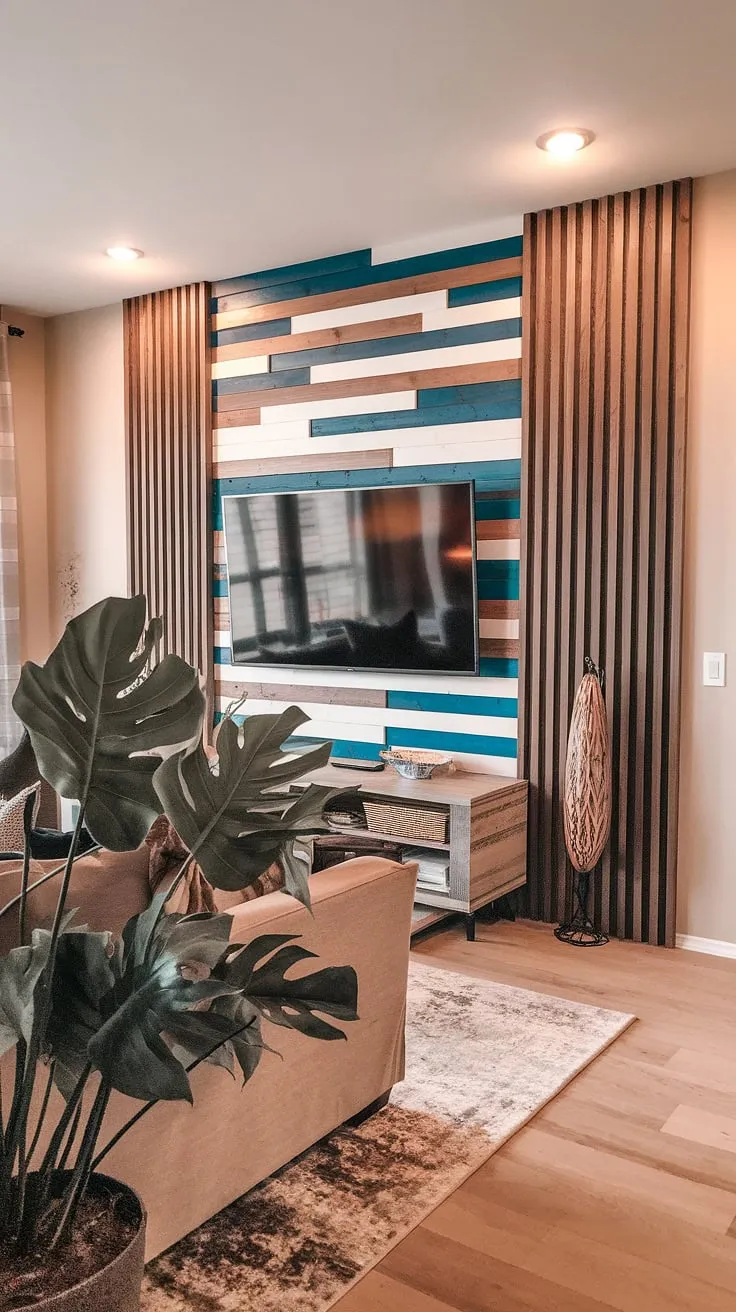 Warm lighting and a stunning DIY wood slat accent wall behind the TV transform this living room.  The mix of horizontal and vertical acoustic slat wood wall panels creates a unique focal point, showcasing clever accent wall ideas living room. The large plant adds a touch of nature, while the light wood flooring complements the overall design. This accent hallway wall (though in the living room!) is a testament to the power of a well-executed accent wall panels project.