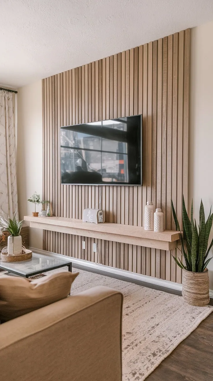 Transforming a blank wall into a stunning focal point! This DIY wood slat accent wall, perfect for behind the TV, adds warmth and texture to the living room.  The acoustic slat wood wall panels not only enhance the aesthetics but also improve the room's acoustics.  Consider this accent wall ideas living room inspiration for your own space, or even as an accent hallway wall feature.  The neutral beige tone complements the existing décor beautifully.