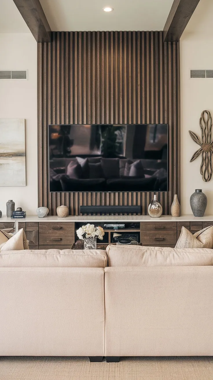 This DIY wood slat accent wall completely transforms the living room, creating a stunning focal point behind the TV.  The acoustic slat wood wall panels not only add visual interest but also improve the room's acoustics, showcasing a unique approach to accent wall ideas living room. The rich dark wood complements the neutral tones, making it a perfect example of an accent wall behind tv and a show-stopping accent hallway wall.