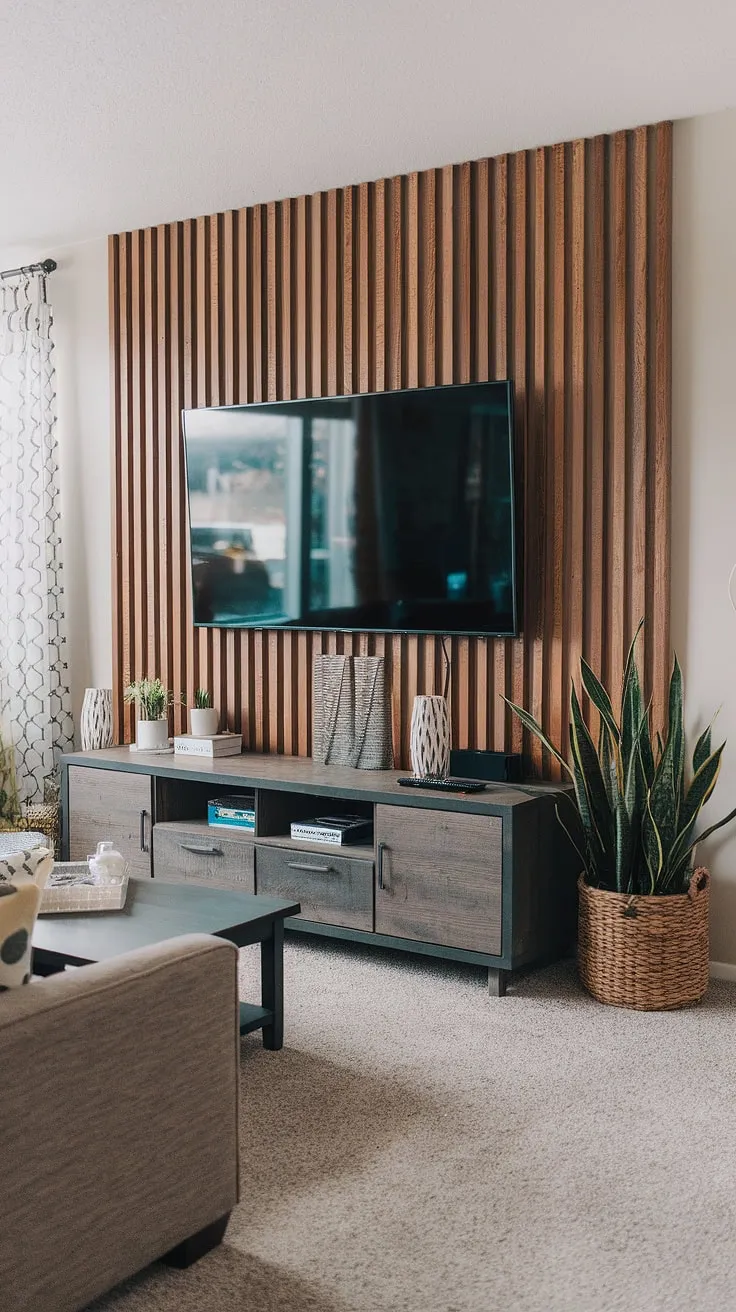 The warmth of this living room is undeniable, thanks to the striking DIY wood slat accent wall.  These acoustic slat wood wall panels, used as an accent wall behind tv, offer both beauty and functionality.  Finding inspiration for accent wall ideas living room? Look no further! This accent wall panels project is a testament to how a simple DIY can dramatically improve a space, even extending the design impact to what feels like an accent hallway wall.