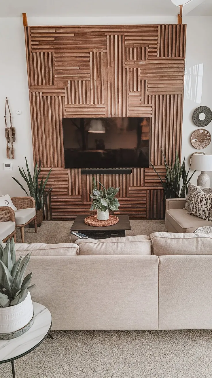 This DIY wood slat accent wall, a stunning blend of horizontal and vertical acoustic slat wood wall panels, completely transforms this living room.  The unique texture adds depth and visual interest, making the accent wall behind the TV a true focal point.  It's the perfect example of accent wall ideas living room, proving that even an accent hallway wall can be a showstopper.