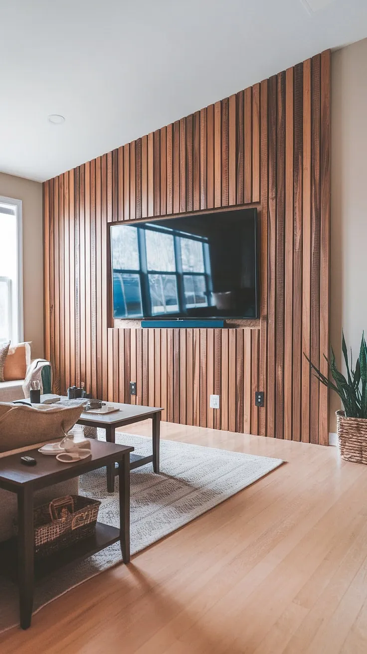 This DIY wood slat accent wall transforms the living room, creating a warm and inviting focal point behind the TV.  The acoustic slat wood wall panels not only enhance the aesthetics but also improve the room's acoustics, making it a perfect example of accent wall ideas for the living room. The natural wood tones complement the light flooring beautifully, and the design extends seamlessly from floor to ceiling, showcasing the impact of an accent wall behind a TV.