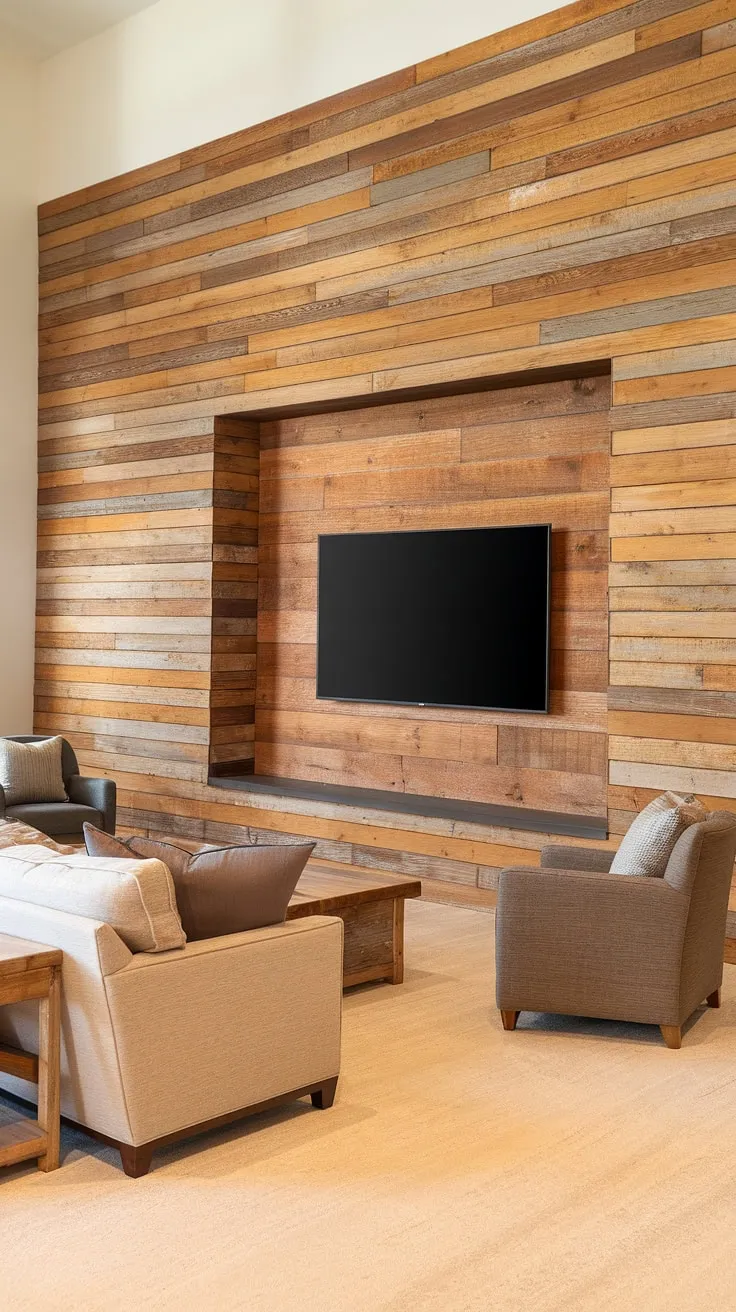 This DIY wood slat accent wall is a masterclass in texture and warmth.  The honey-colored accent wall panels, used both as an accent wall behind the TV and continuing along the adjacent accent hallway wall, showcase the beauty of acoustic slat wood wall panels.  A perfect example of accent wall ideas living room.