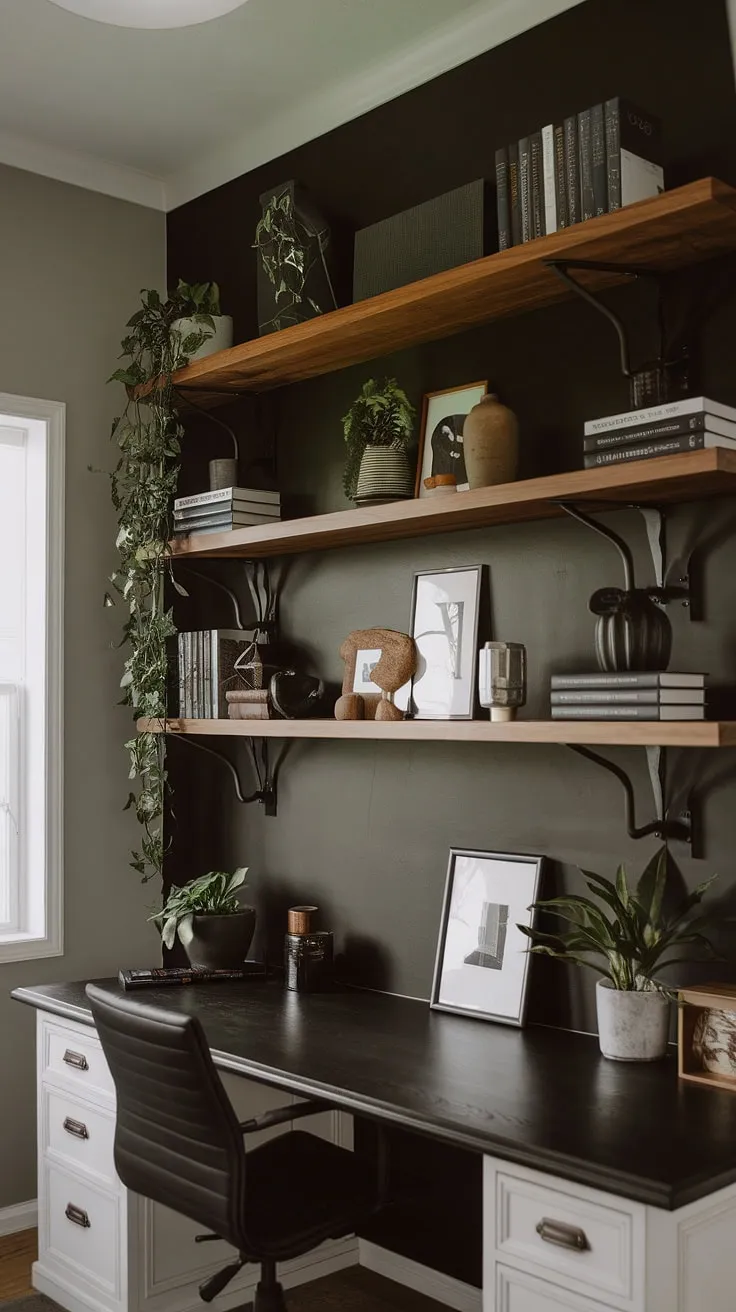 A dark accent wall office elevates this masculine home office. The office feature wall, a stunning home office wood wall, displays books, plants, and decorative items, creating a sophisticated home office display wall. This moody office design is a masterclass in contrast, with the black wall providing a dramatic backdrop to the lighter furniture.  The result is a truly captivating accent home office.