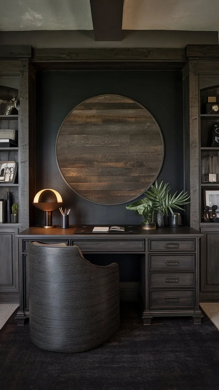 This masculine basement home office boasts a striking home office display wall—a dark accent wall office featuring a textured home office wood wall that elevates the moody office design. The wall behind the office desk anchors the space, creating a captivating backdrop for work.