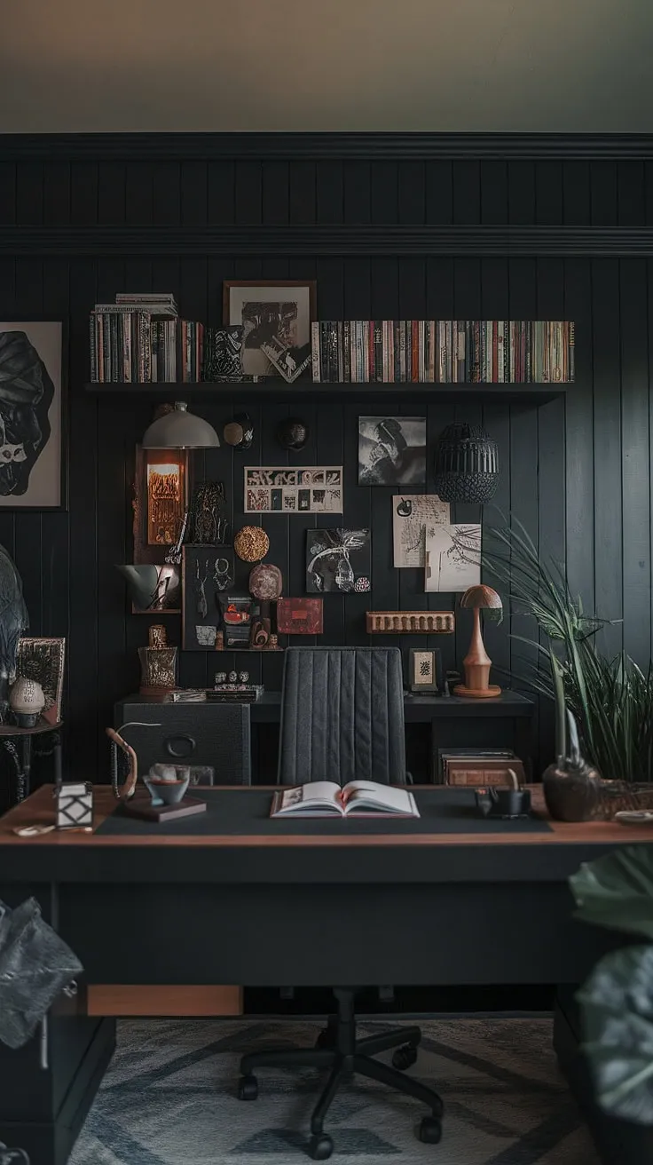 A dark accent wall office transforms this accent home office into a sanctuary of productivity. The office feature wall, a stunning home office wood wall, displays a curated collection of personal items, creating a unique home office display wall. This masculine basement home office ideas inspiration boasts a captivating wall behind the office desk, perfect for a moody office design.