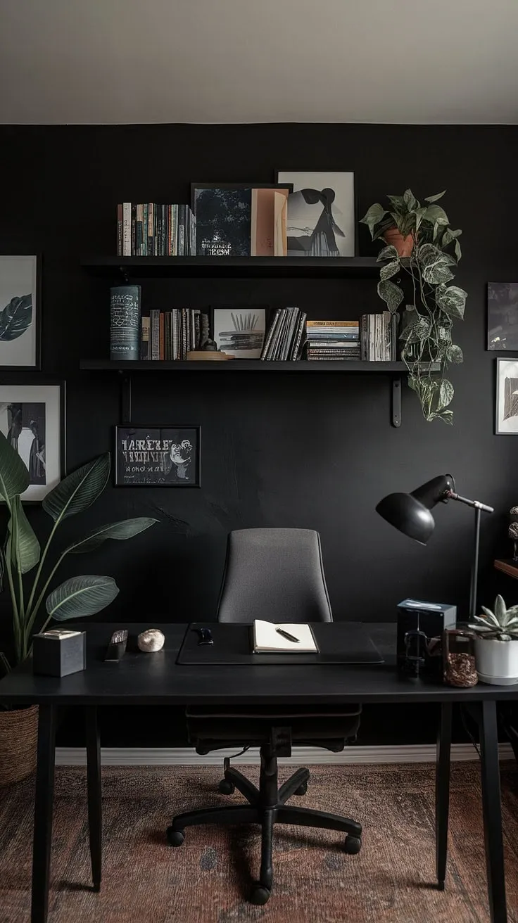 A dark accent wall office elevates this accent home office to new heights. The office feature wall, a dramatic black wall home office, provides the perfect backdrop for a functional and stylish workspace.  This masculine basement home office design showcases how a thoughtfully designed wall behind office desk can completely transform the ambiance of the room.