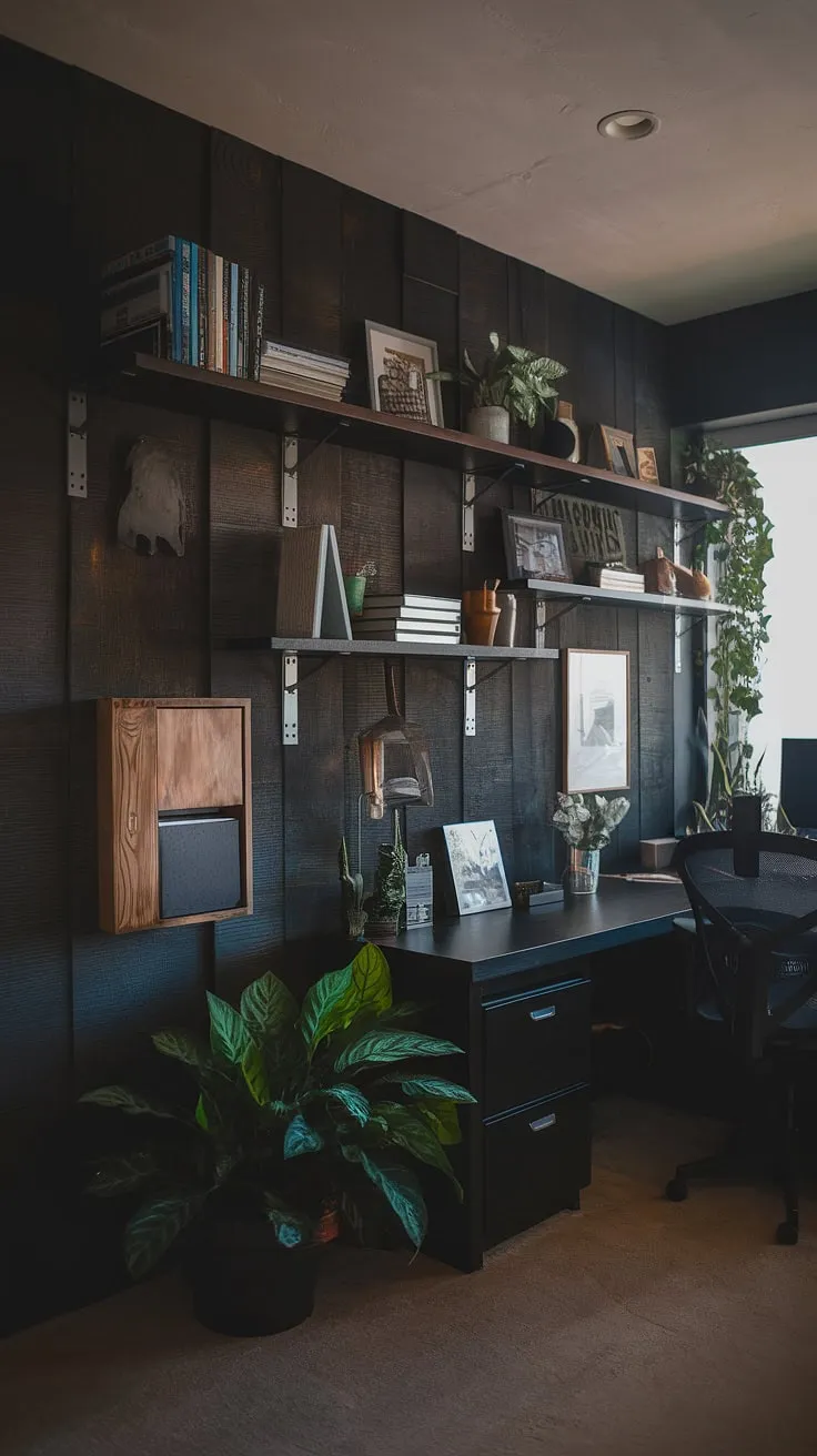 This moody office design features a striking home office wood wall, a dark accent wall office perfect for showcasing a curated home office display wall.  The black wall home office creates a masculine basement home office ideas vibe, while the wall behind office desk provides ample storage and personality.