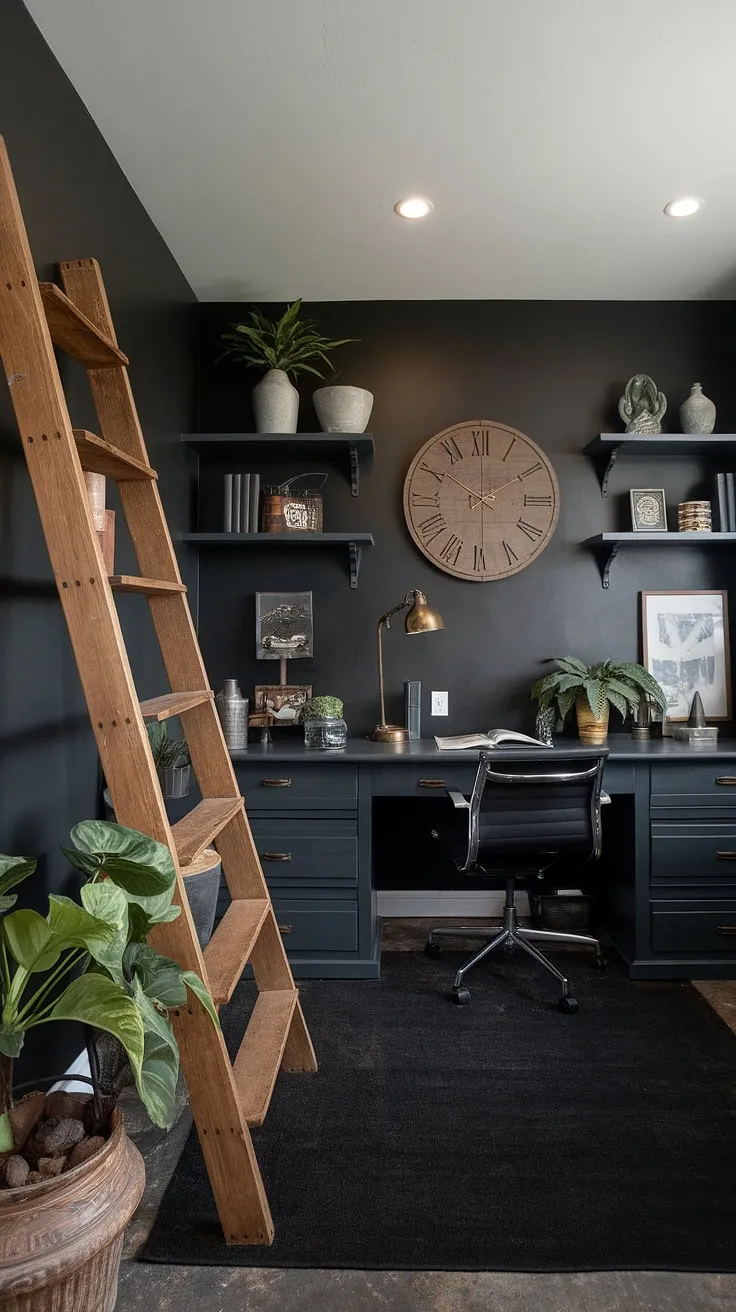 This moody office design showcases a striking dark accent wall, the perfect home office display wall for a masculine basement home office. The home office wood wall, complete with shelves, a large clock, and a leaning ladder, creates a captivating focal point behind the office desk.  The black wall home office aesthetic is enhanced by the vintage lamp and potted plants, offering a blend of functionality and style.