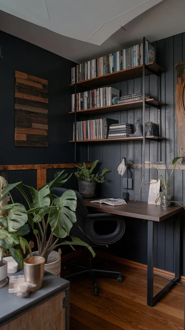 A black wall home office transforms this basement into a sanctuary of productivity. The moody office design is enhanced by a home office wood wall, creating a captivating accent home office.  The wall behind office desk showcases a thoughtfully curated home office display wall, complete with a built-in bookshelf and subtle greenery. This is the epitome of masculine basement home office ideas.