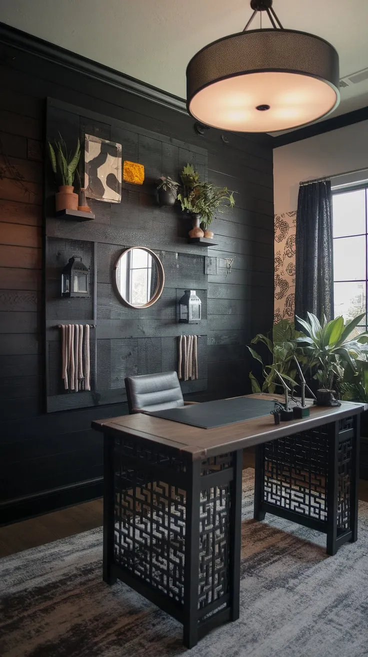 A dark accent wall office transforms this accent home office into a sanctuary of style. The home office wood wall, acting as a stunning office feature wall, anchors the space, while the wall behind office desk displays a curated collection, reflecting masculine basement home office ideas.  The moody office design is both functional and visually captivating.
