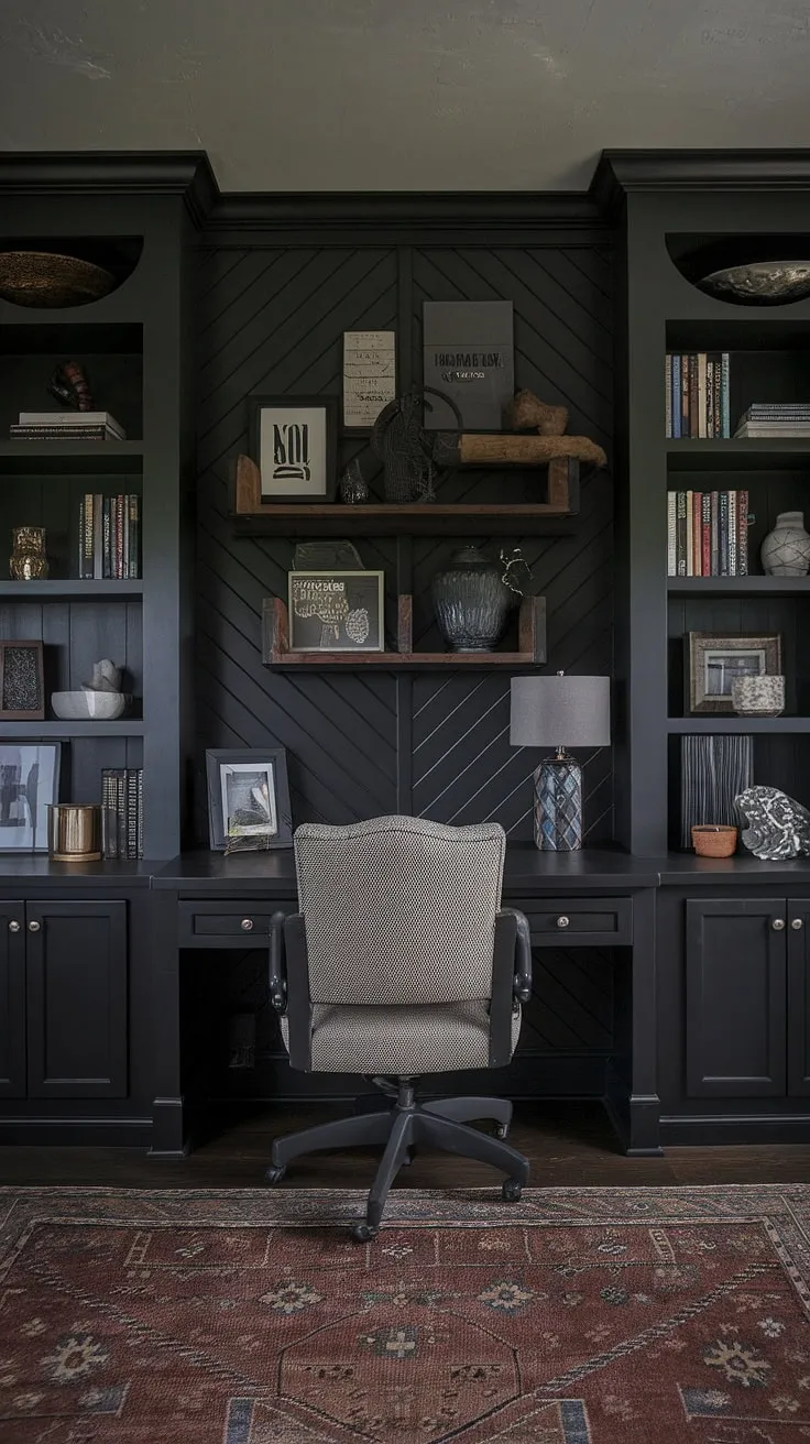 A black wall home office transformed! This accent home office boasts a captivating office feature wall—a rich, textured wood paneling in deep black. The result? A sophisticated and masculine basement home office ideas with a truly unique home office display wall.  The dark accent wall office sets the perfect moody office design tone.