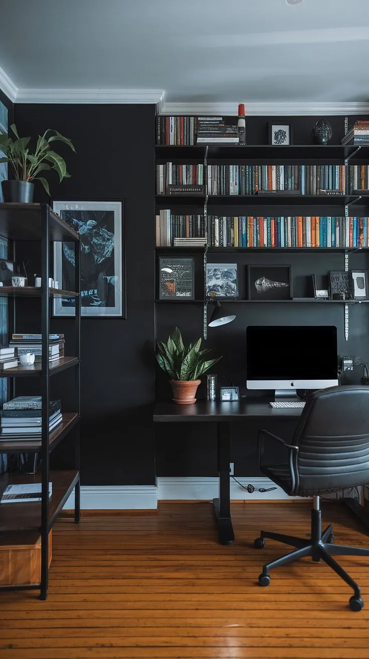 This moody office design features a striking black wall home office, transforming the wall behind the office desk into a captivating home office display wall.  The dark accent wall office, complete with a home office wood wall element, provides the perfect backdrop for a masculine basement home office ideas, showcasing books and décor.