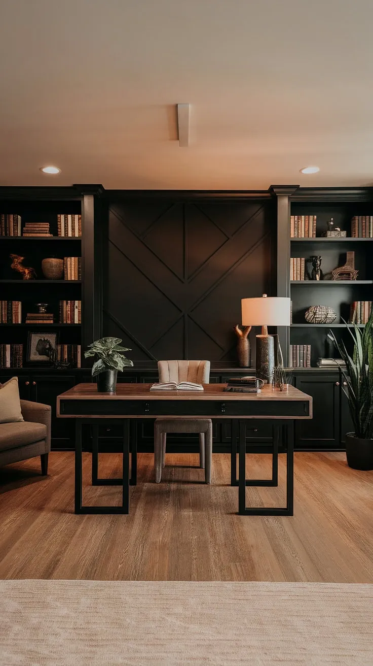 This moody office design transforms a basement into a sophisticated workspace. The black wall home office, acting as a striking home office display wall, anchors the room, while the warm wood tones of the desk and flooring create a masculine and inviting atmosphere.  The wall behind the office desk is the perfect backdrop for showcasing personal style, making this accent home office a truly unique space.