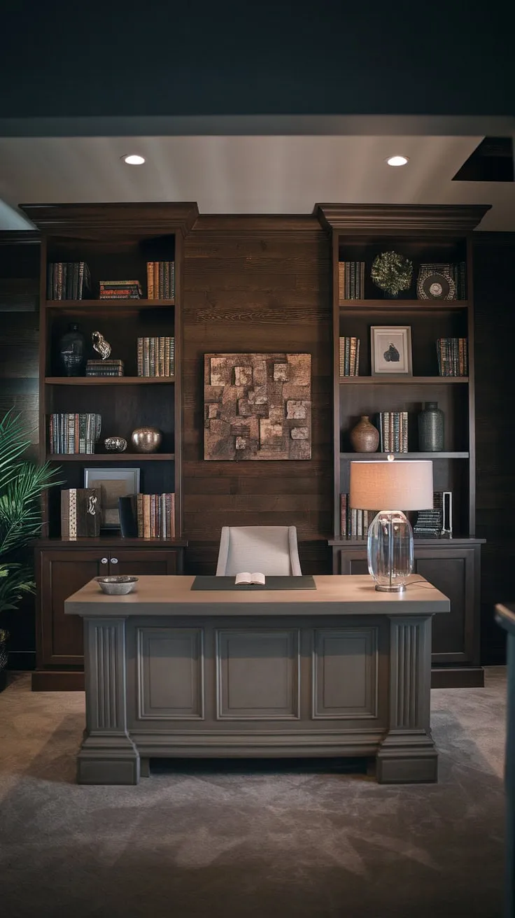 Masculine basement home office ideas come to life in this dimly lit sanctuary. A rich, dark accent wall office, crafted from wood, forms a striking office feature wall. This home office display wall, positioned perfectly behind the office desk, adds depth and warmth to the space. The overall moody office design is both inviting and intensely stylish.