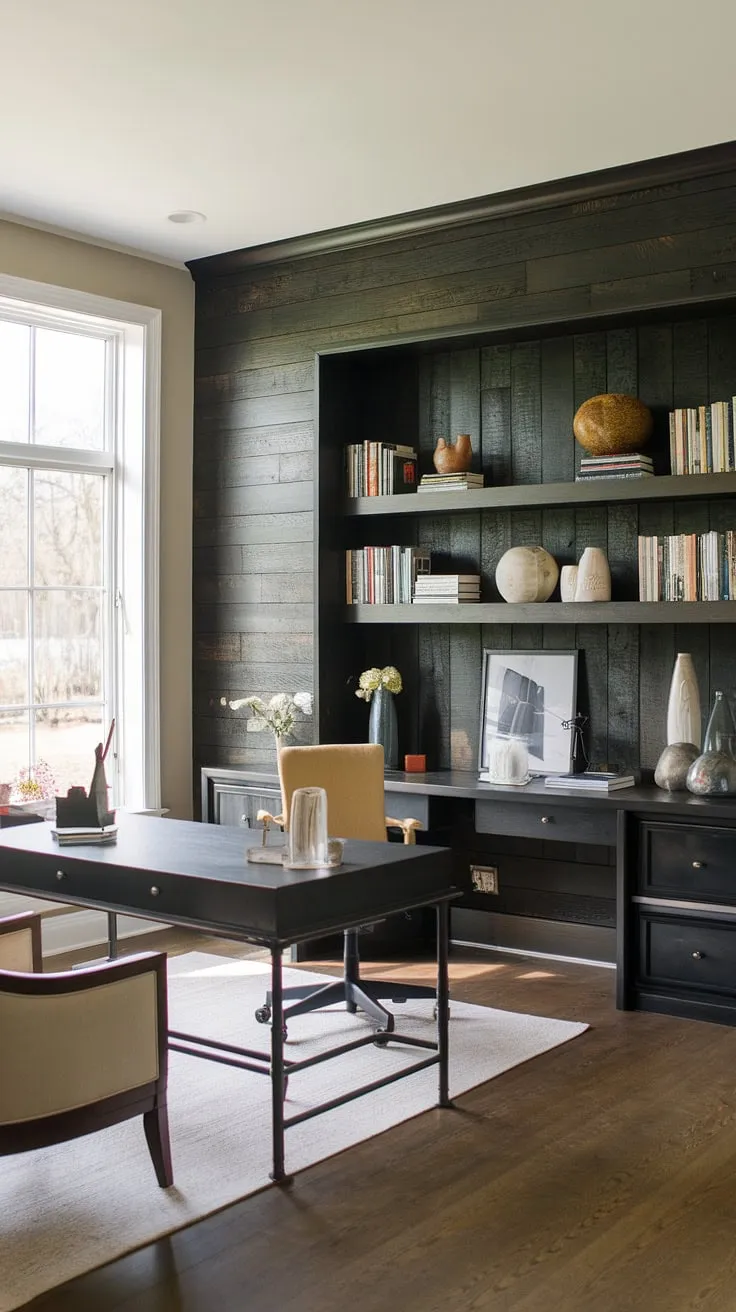 This moody office design features a striking home office wood wall, creating a dramatic home office display wall behind the desk. The dark accent wall office adds depth and sophistication to this masculine basement home office ideas space, while the large window balances the black wall home office aesthetic with natural light.  The wall behind office desk is a perfect blend of form and function, showcasing books and decorative items on built-in shelves.