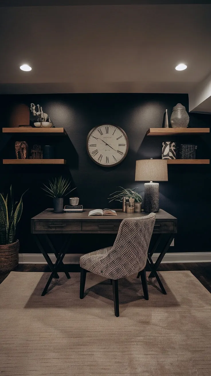A black wall home office, this space exemplifies masculine basement home office ideas. The dark accent wall office is a dramatic backdrop for the functional and stylish home office wood wall, complete with carefully chosen décor. The wall behind the office desk is both practical and aesthetically pleasing, creating a truly moody office design.