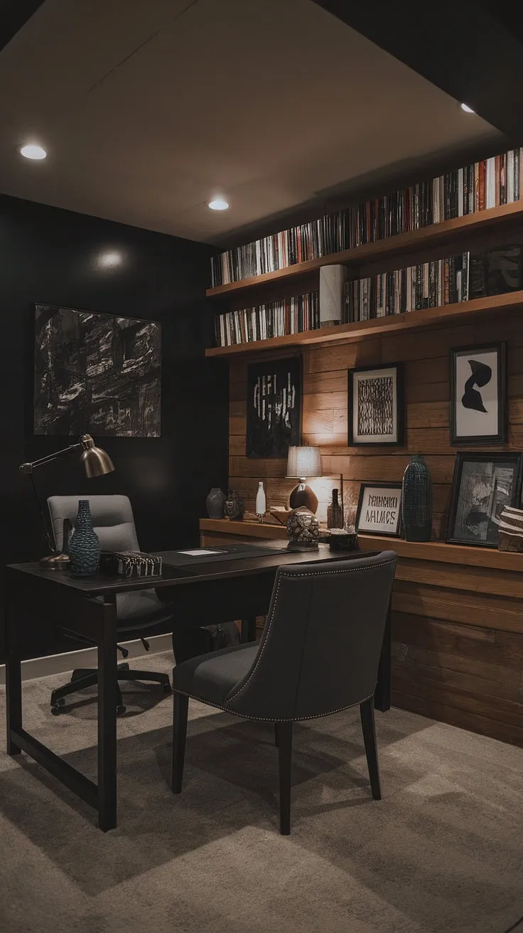 This masculine basement home office boasts a dramatic dark accent wall office, creating a moody office design perfect for focused work.  The home office wood wall, complete with a home office display wall of books and decor, adds warmth against the black wall home office backdrop. The wall behind the office desk anchors the space, showcasing the thoughtful office feature wall design.