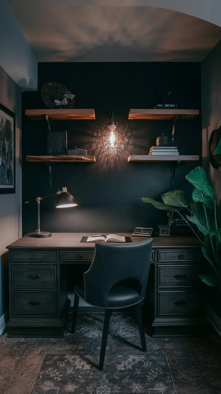 This masculine basement home office boasts a striking dark accent wall, a true office feature wall, showcasing a home office wood wall with integrated shelves and ambient lighting. The moody office design is completed with a thoughtfully curated home office display wall and a touch of greenery.  The wall behind the office desk anchors the space, creating a sophisticated and functional workspace.