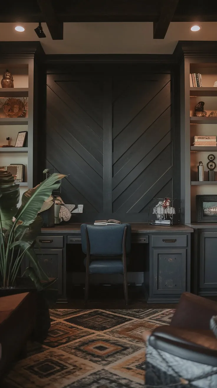 This moody office design, featuring a dark accent wall office with rich wood paneling, creates a masculine and sophisticated workspace. The home office wood wall serves as a stunning home office display wall, perfectly complementing the large plant and warm lighting.  The wall behind the office desk is a true office feature wall, making this black wall home office a standout space.  Masculine basement home office ideas don't get much better than this.