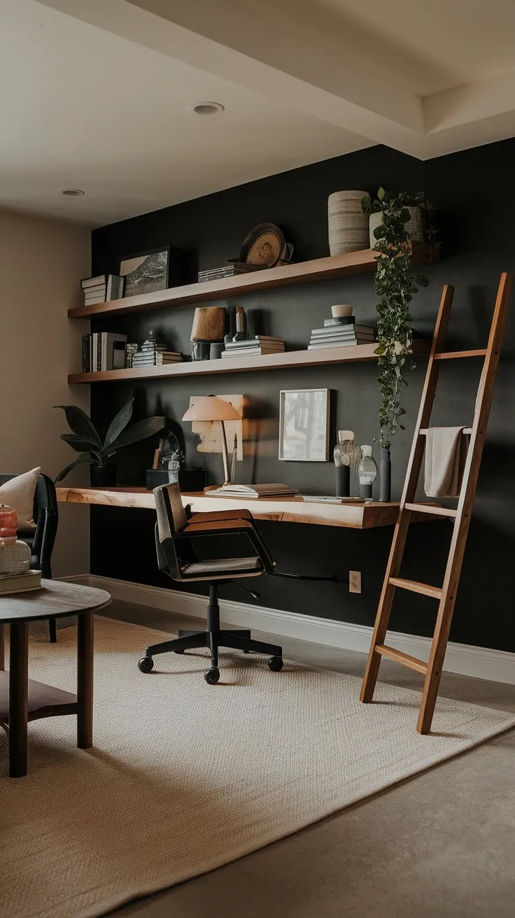 A dark accent wall office elevates this masculine basement home office. The wall behind the office desk, a stunning black wall home office, features a thoughtfully designed home office display wall with wooden shelves, adding warmth to the space. This office feature wall, combined with the strategic use of wood and a touch of greenery, exemplifies the best in masculine basement home office ideas.