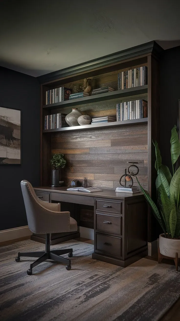 A black wall home office doesn't have to be stark. This masculine basement home office ideas showcases how a dark accent wall office can be warm and inviting. The office feature wall, a rich wood design, provides a stunning contrast and ample storage, making it a truly functional and stylish home office display wall.
