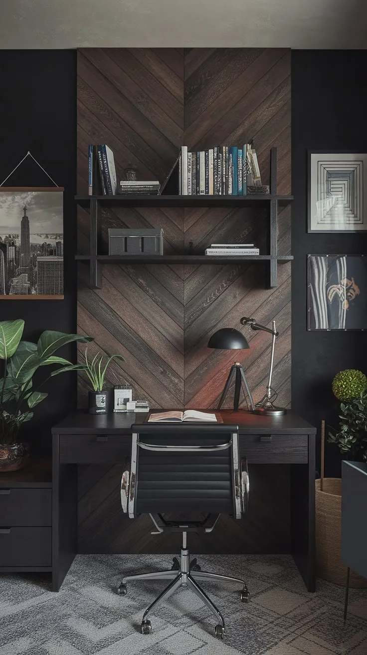 A dark accent wall office elevates this accent home office to new heights. The office feature wall, a rich black canvas, provides a dramatic backdrop for the warm tones of the home office wood wall and its carefully arranged display.  This masculine basement home office ideas space is both functional and stylish, with every detail, from the desk lamp to the carefully chosen plant, contributing to the overall moody office design.