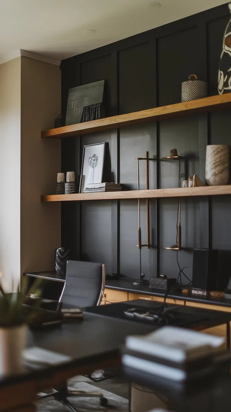 This moody office design showcases a striking black wall home office, transforming the wall behind the office desk into a captivating home office display wall.  The home office wood wall shelves and carefully curated décor complete this masculine basement home office ideas, a perfect blend of style and functionality.  The dark accent wall office creates an atmosphere of sophisticated focus.