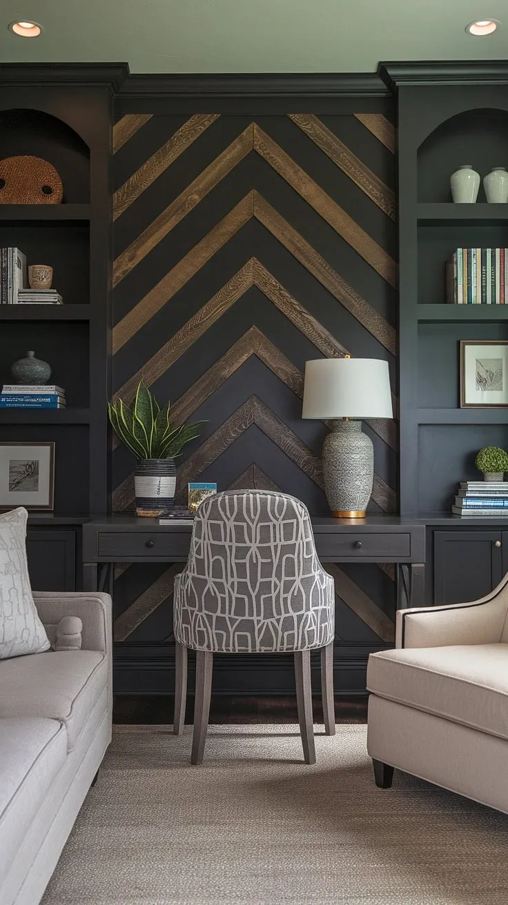 Transform your workspace with this office feature wall.  The dark accent wall office, a black wall home office featuring a stunning home office wood wall, adds depth and character.  This masculine basement home office ideas inspiration showcases how a simple home office display wall—the wall behind office desk—can dramatically enhance your accent home office.