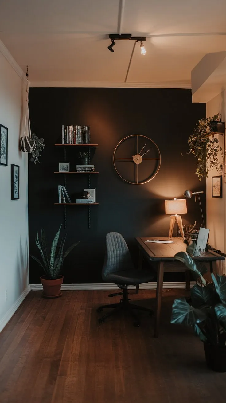 This moody office design, featuring a dramatic dark accent wall, transforms a simple workspace into a sophisticated sanctuary. The home office display wall, complete with a statement clock and curated shelves, anchors the room, while the warm lighting and pops of greenery soften the black wall home office aesthetic.  The wall behind the office desk acts as a stunning backdrop, showcasing masculine basement home office ideas with a touch of modern elegance.  The home office wood wall complements the dark accent wall office, creating a rich and inviting atmosphere.